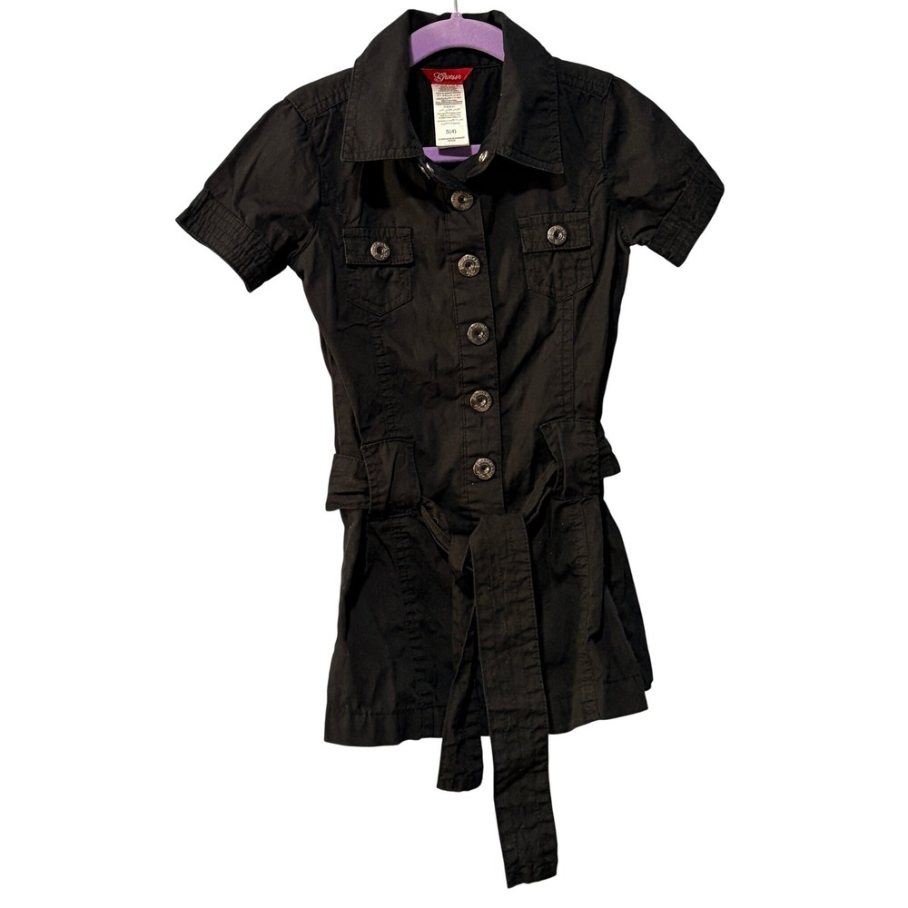 Guess kids Black Cotton Utility Shirt Dress Rhinestone Logo Short Sleeve Belted